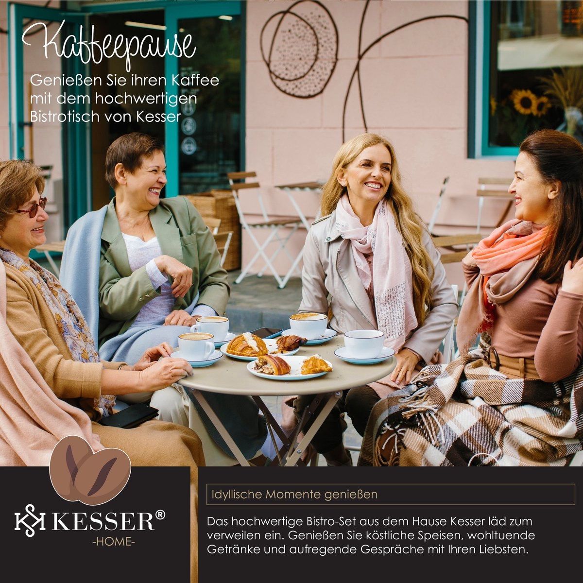 Bistroset 3-delige set - tafel met 2 inklapbaar stoelen - tuinset / terras set / balkonset - metaal - cappuccino - Afbeelding 11