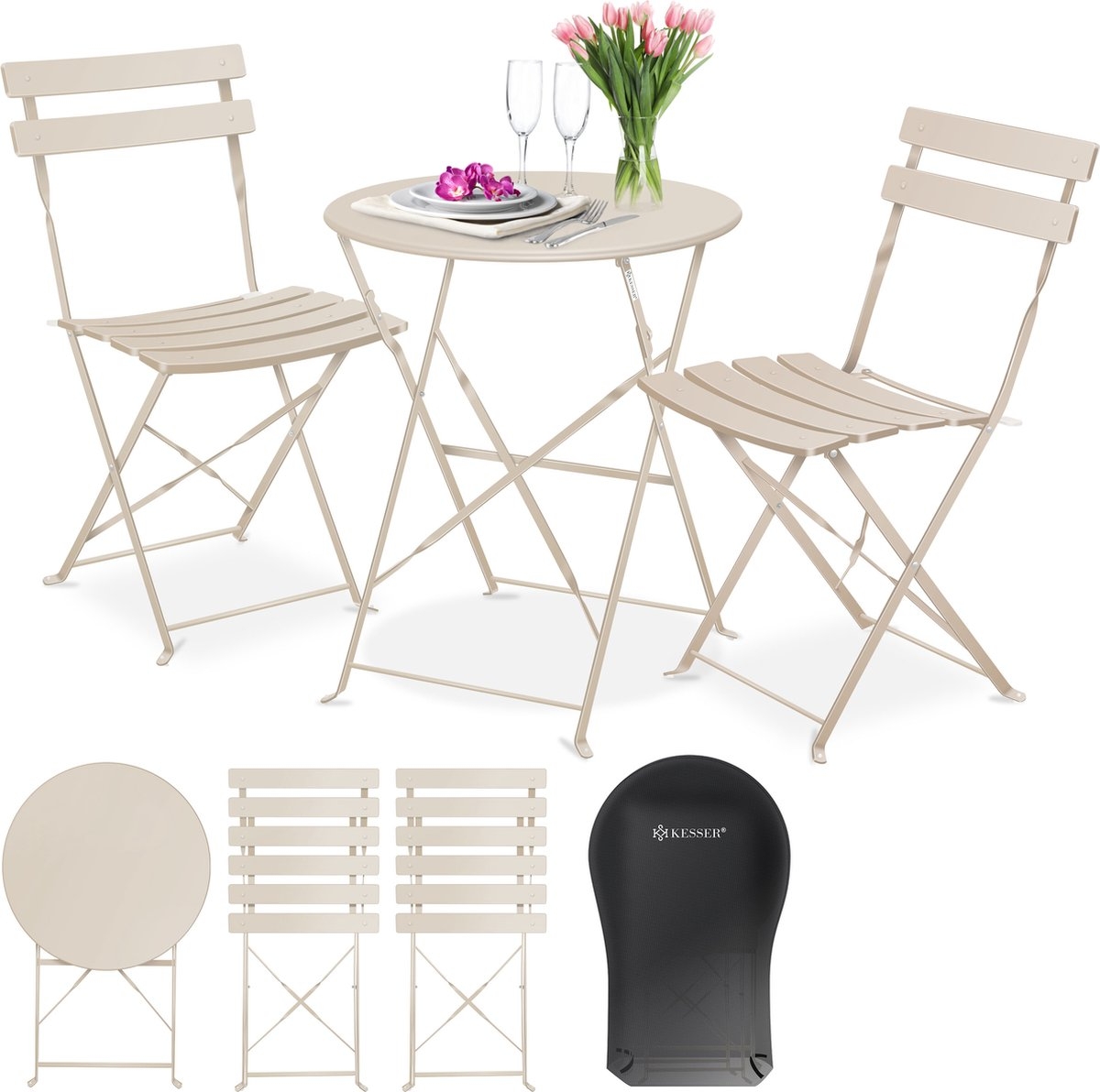 Bistroset 3-delige set - tafel met 2 inklapbaar stoelen - tuinset / terras set / balkonset - metaal - cappuccino - Afbeelding 13