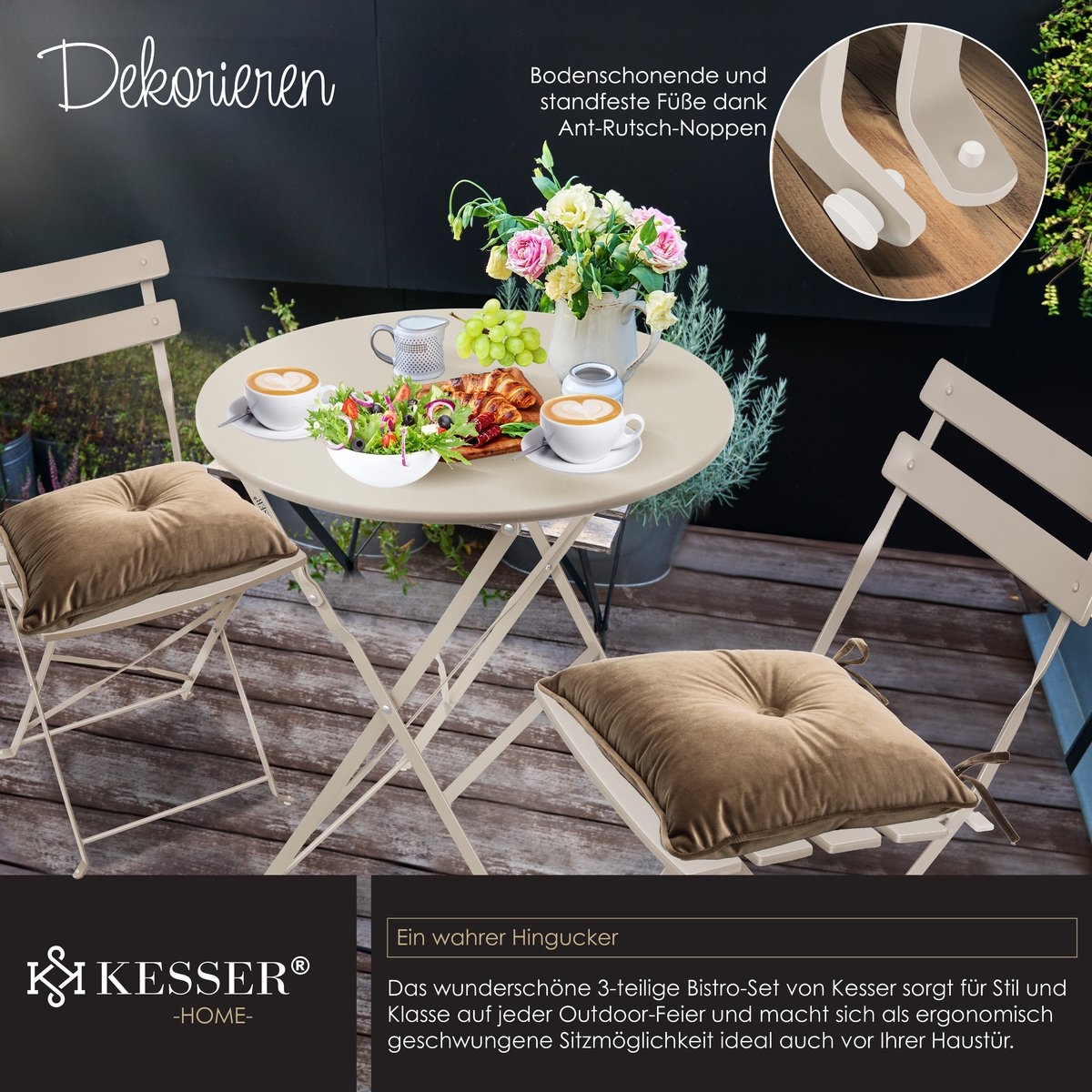 Bistroset 3-delige set - tafel met 2 inklapbaar stoelen - tuinset / terras set / balkonset - metaal - cappuccino - Afbeelding 14
