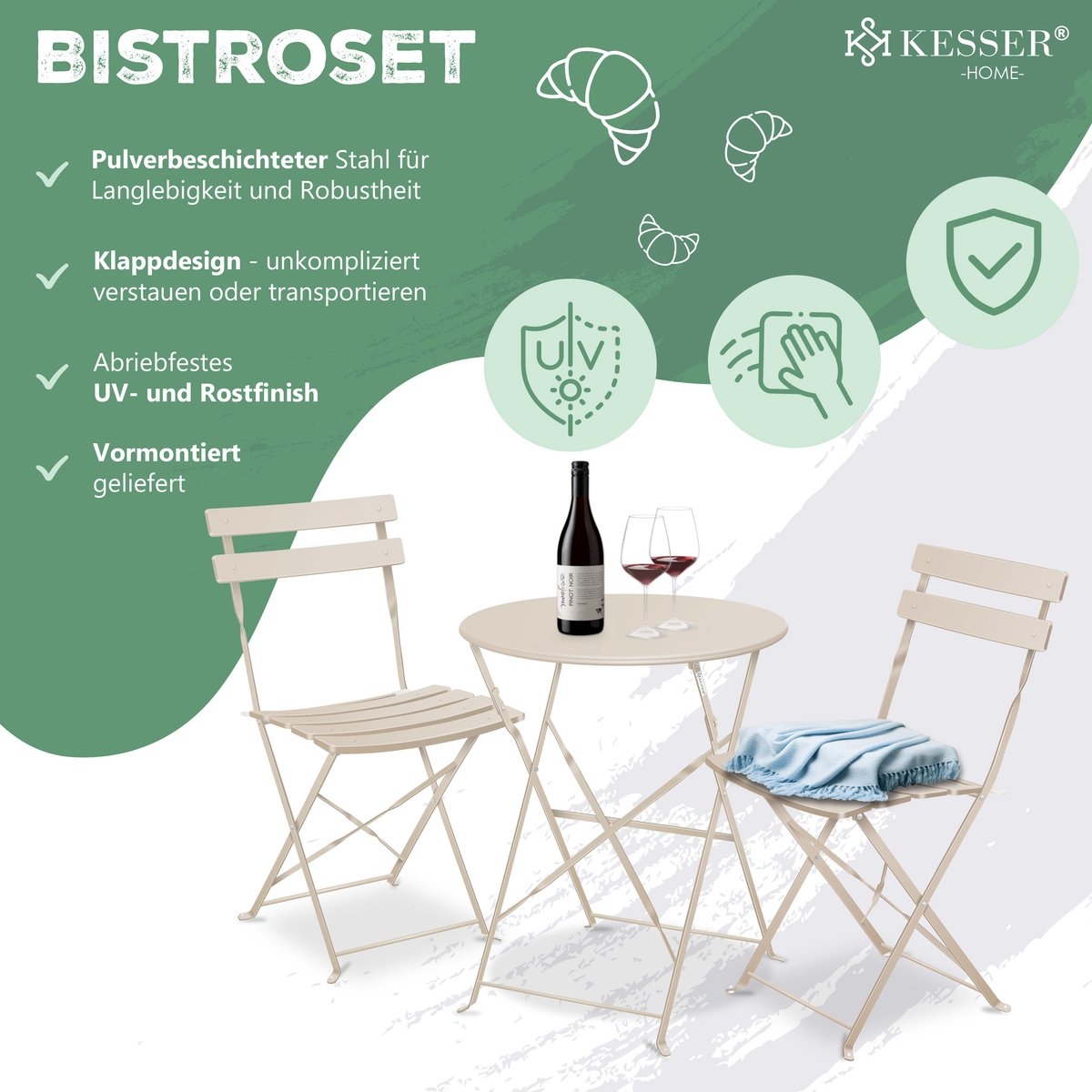 Bistroset 3-delige set - tafel met 2 inklapbaar stoelen - tuinset / terras set / balkonset - metaal - cappuccino - Afbeelding 15