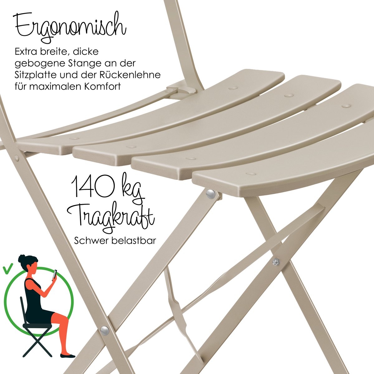 Bistroset 3-delige set - tafel met 2 inklapbaar stoelen - tuinset / terras set / balkonset - metaal - cappuccino - Afbeelding 16