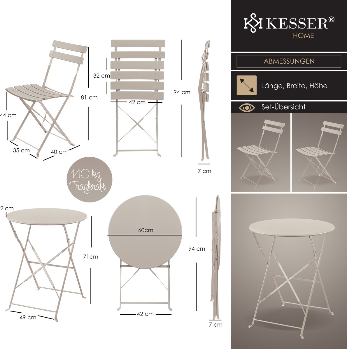 Bistroset 3-delige set - tafel met 2 inklapbaar stoelen - tuinset / terras set / balkonset - metaal - cappuccino - Afbeelding 18