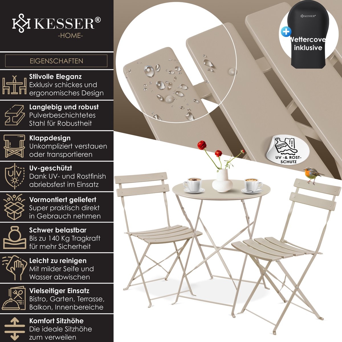 Bistroset 3-delige set - tafel met 2 inklapbaar stoelen - tuinset / terras set / balkonset - metaal - cappuccino - Afbeelding 19