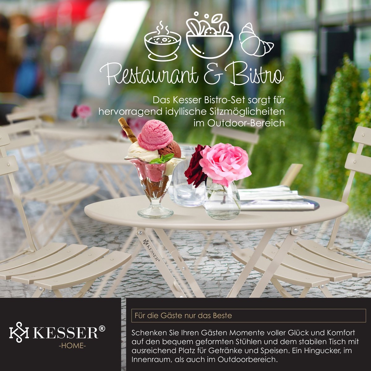 Bistroset 3-delige set - tafel met 2 inklapbaar stoelen - tuinset / terras set / balkonset - metaal - cappuccino - Afbeelding 20