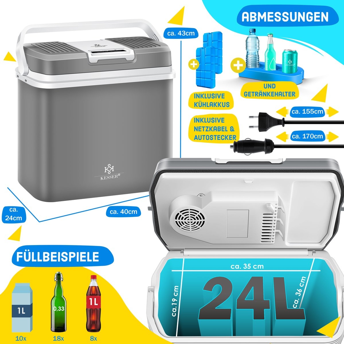 Elektrische Koelbox - 24 liter -koelen en verwarmen - 12V en 230V - auto en camping - grijs - Afbeelding 5