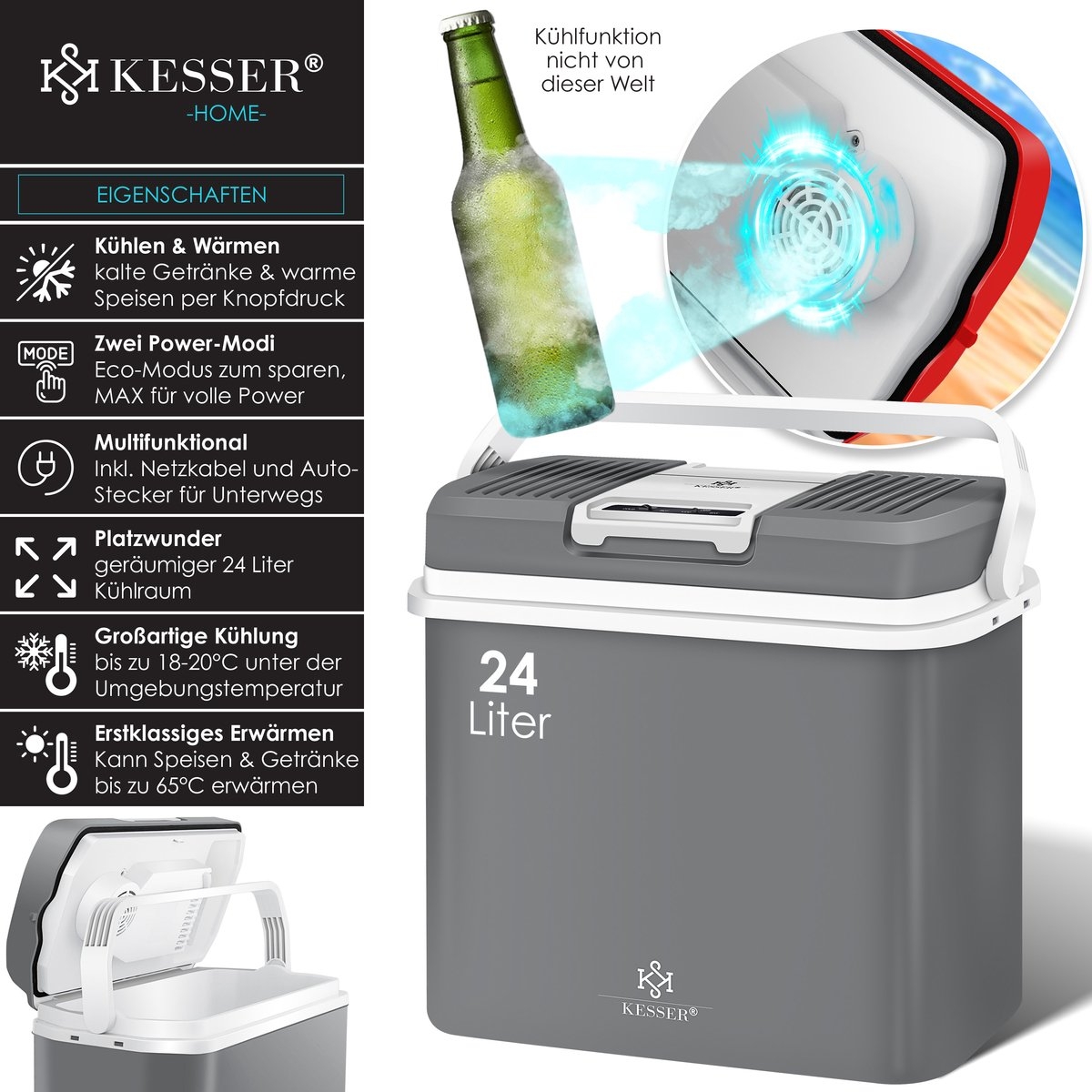 Elektrische Koelbox - 24 liter -koelen en verwarmen - 12V en 230V - auto en camping - grijs - Afbeelding 8
