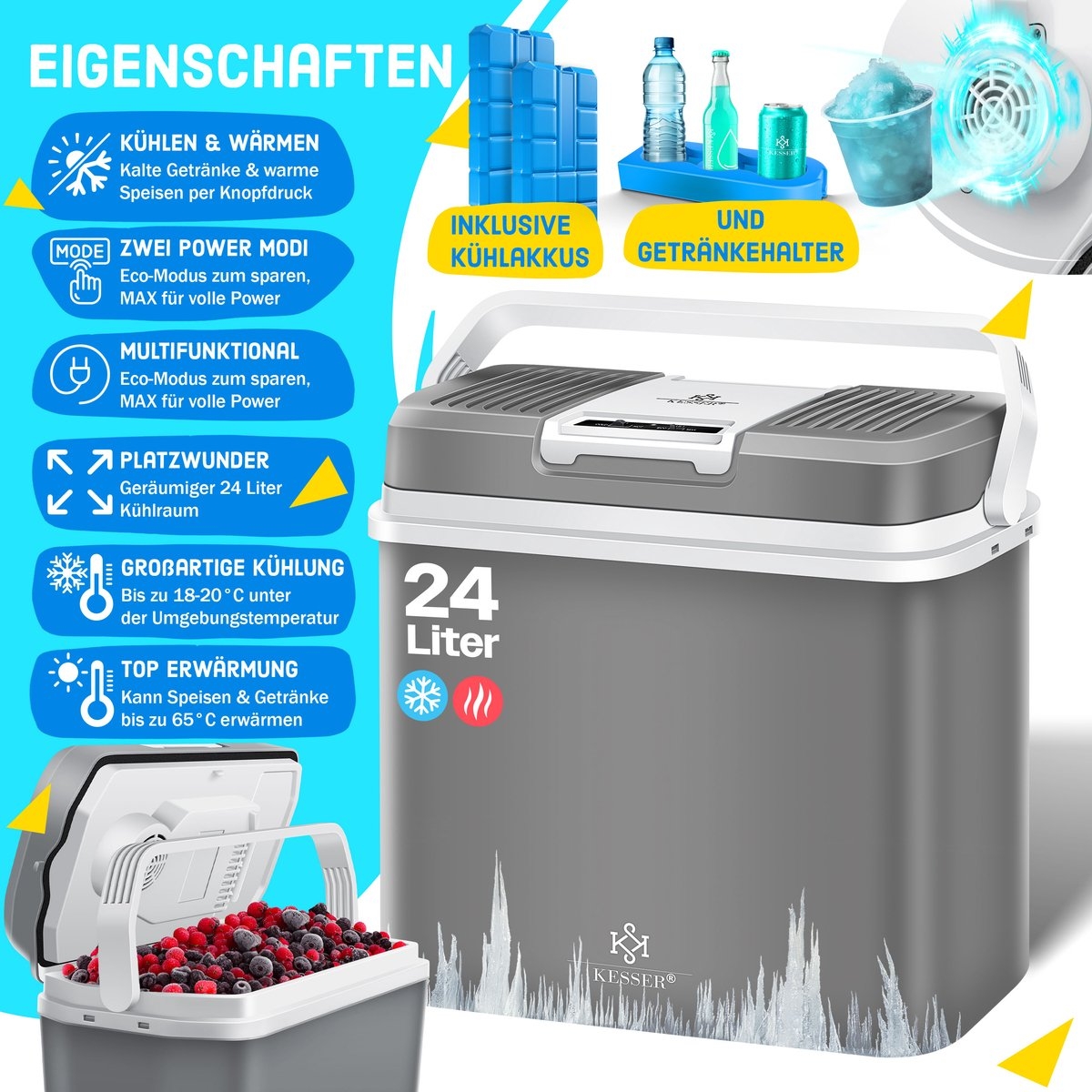 Elektrische Koelbox - 24 liter -koelen en verwarmen - 12V en 230V - auto en camping - grijs - Afbeelding 10