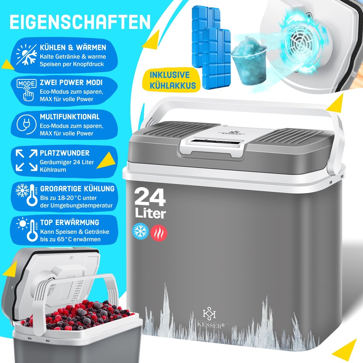 Elektrische Koelbox - 24 liter -koelen en verwarmen - 12V en 230V - auto en camping - grijs - Afbeelding 14