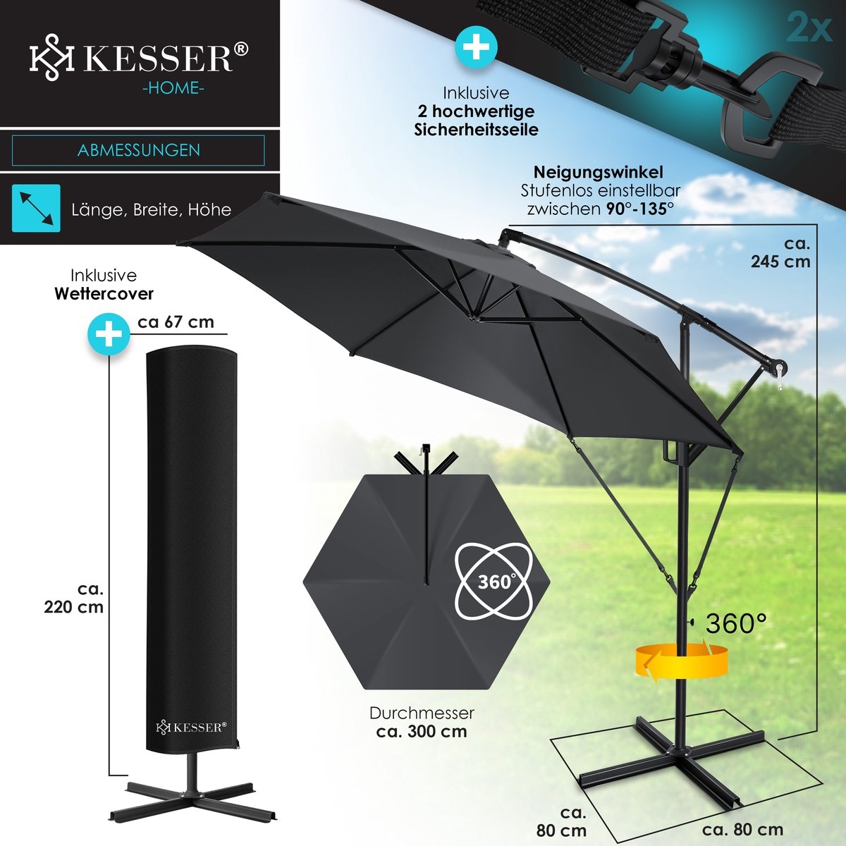 Zweefparasol met voet 300cm x 300cm - parasol 360° draaibaar - Incl. beschermhoes -zwart - Ø 3m - Afbeelding 4