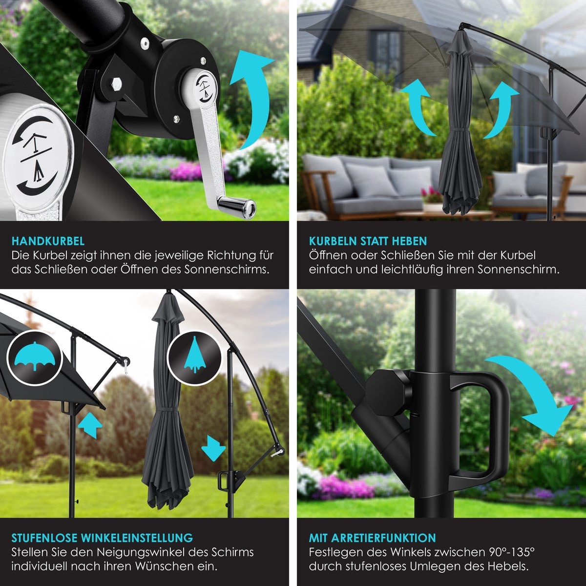 Zweefparasol met voet 300cm x 300cm - parasol 360° draaibaar - Incl. beschermhoes -zwart - Ø 3m - Afbeelding 7