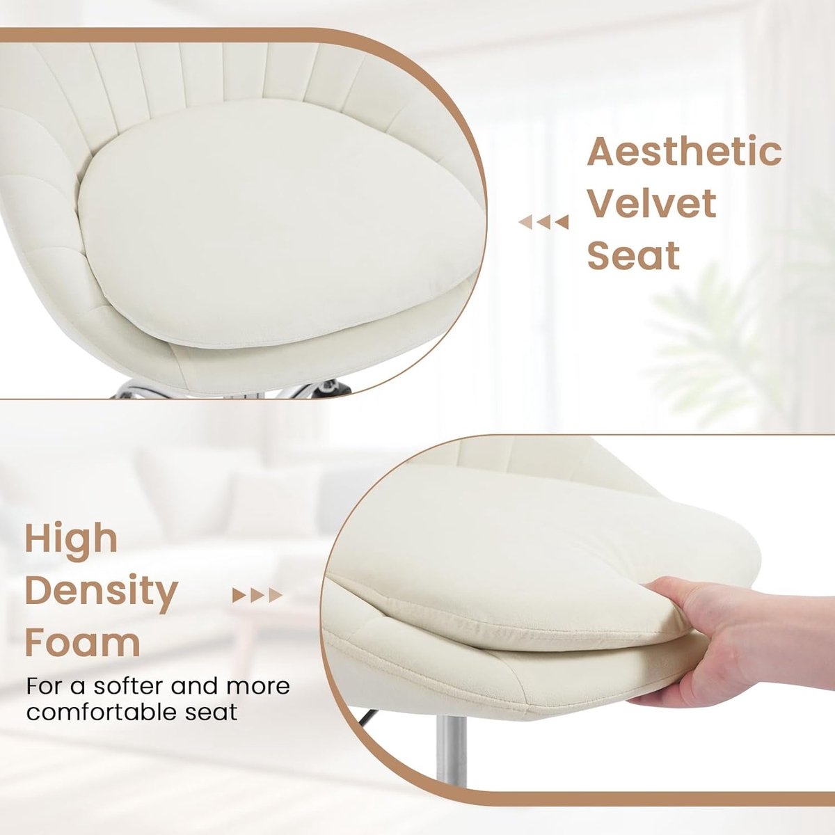 Bureaustoel voor thuis - ergonomische - hoogte verstelbaar - creme fluweel met metaal - Afbeelding 3