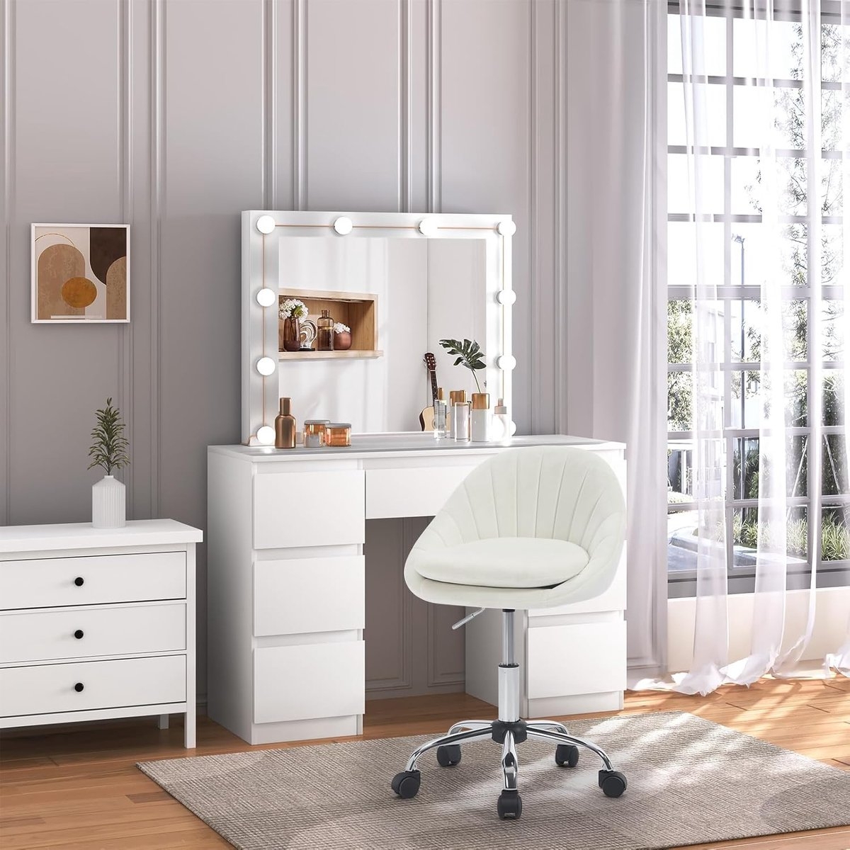 Bureaustoel voor thuis - ergonomische - hoogte verstelbaar - creme fluweel met metaal - Afbeelding 4