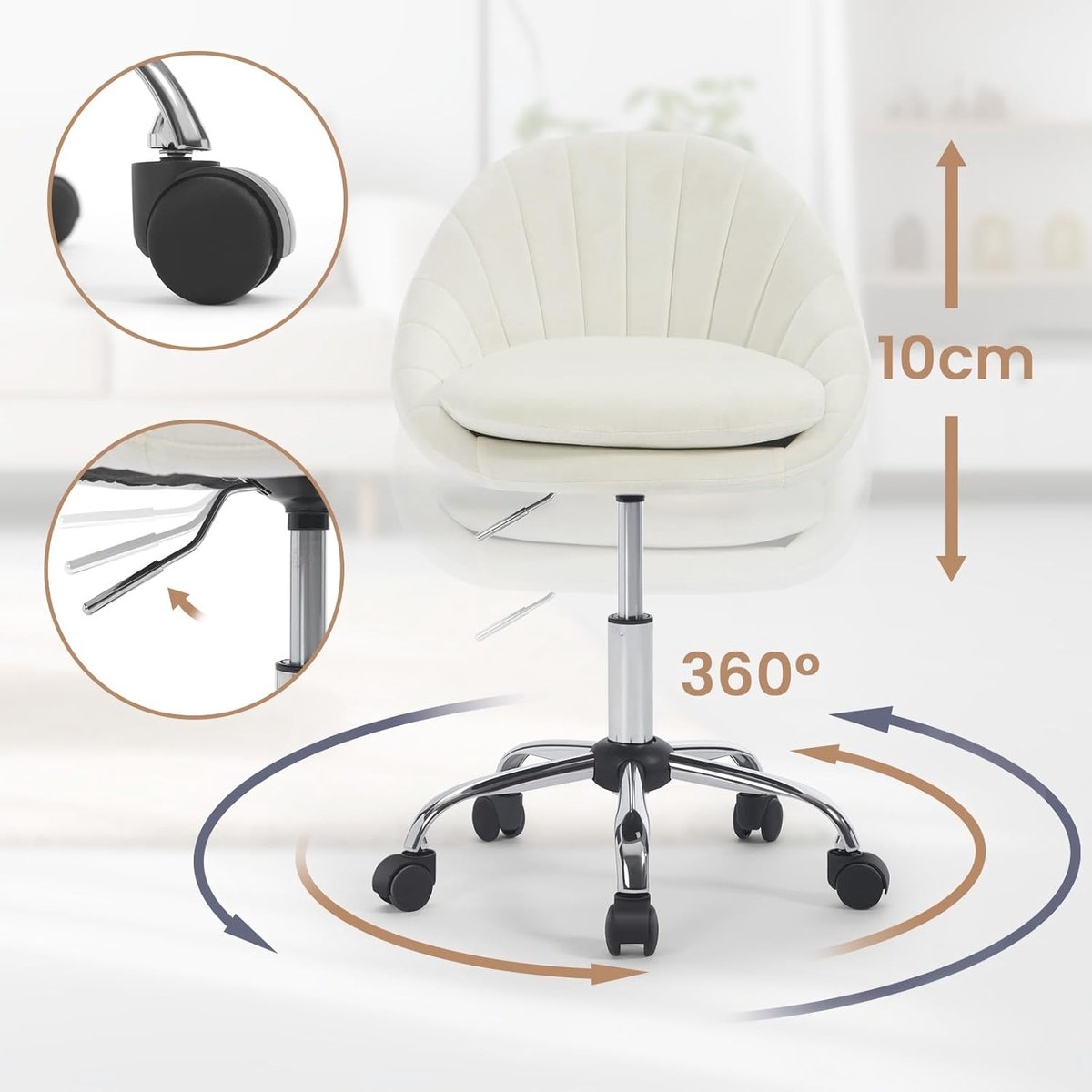 Bureaustoel voor thuis - ergonomische - hoogte verstelbaar - creme fluweel met metaal - Afbeelding 7