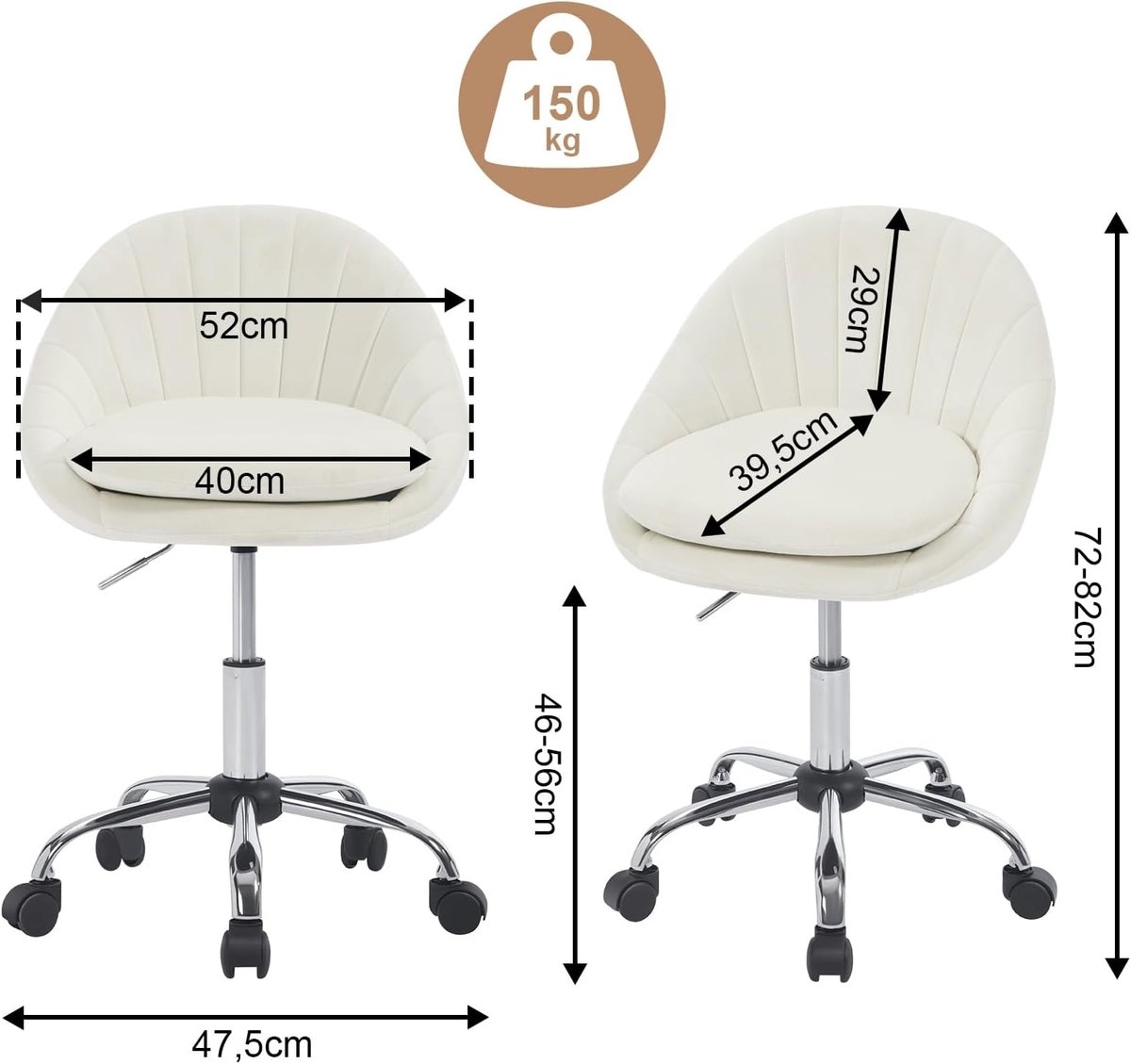 Bureaustoel voor thuis - ergonomische - hoogte verstelbaar - creme fluweel met metaal - Afbeelding 8