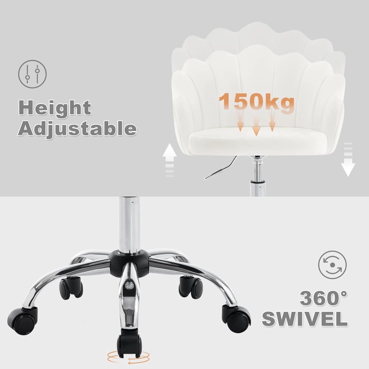 Woltu bureaustoel - make-up stoel - ergonomisch en in hoogte verstelbaar - fluwelen stoel met bloemblad-rugleuning - creme wit - Afbeelding 2