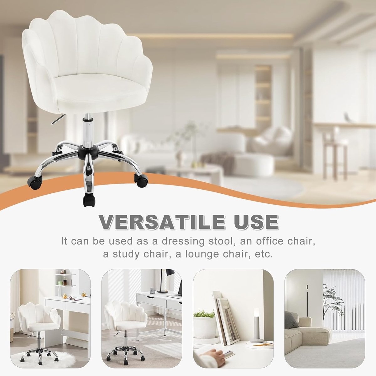 Woltu bureaustoel - make-up stoel - ergonomisch en in hoogte verstelbaar - fluwelen stoel met bloemblad-rugleuning - creme wit - Afbeelding 3