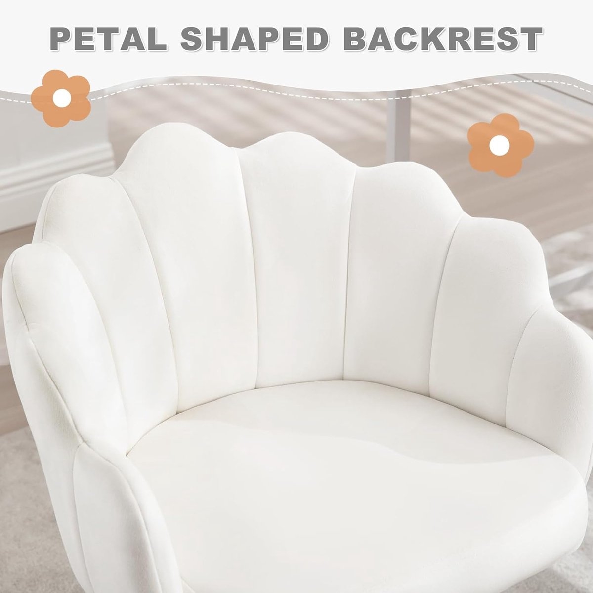 Woltu bureaustoel - make-up stoel - ergonomisch en in hoogte verstelbaar - fluwelen stoel met bloemblad-rugleuning - creme wit - Afbeelding 7