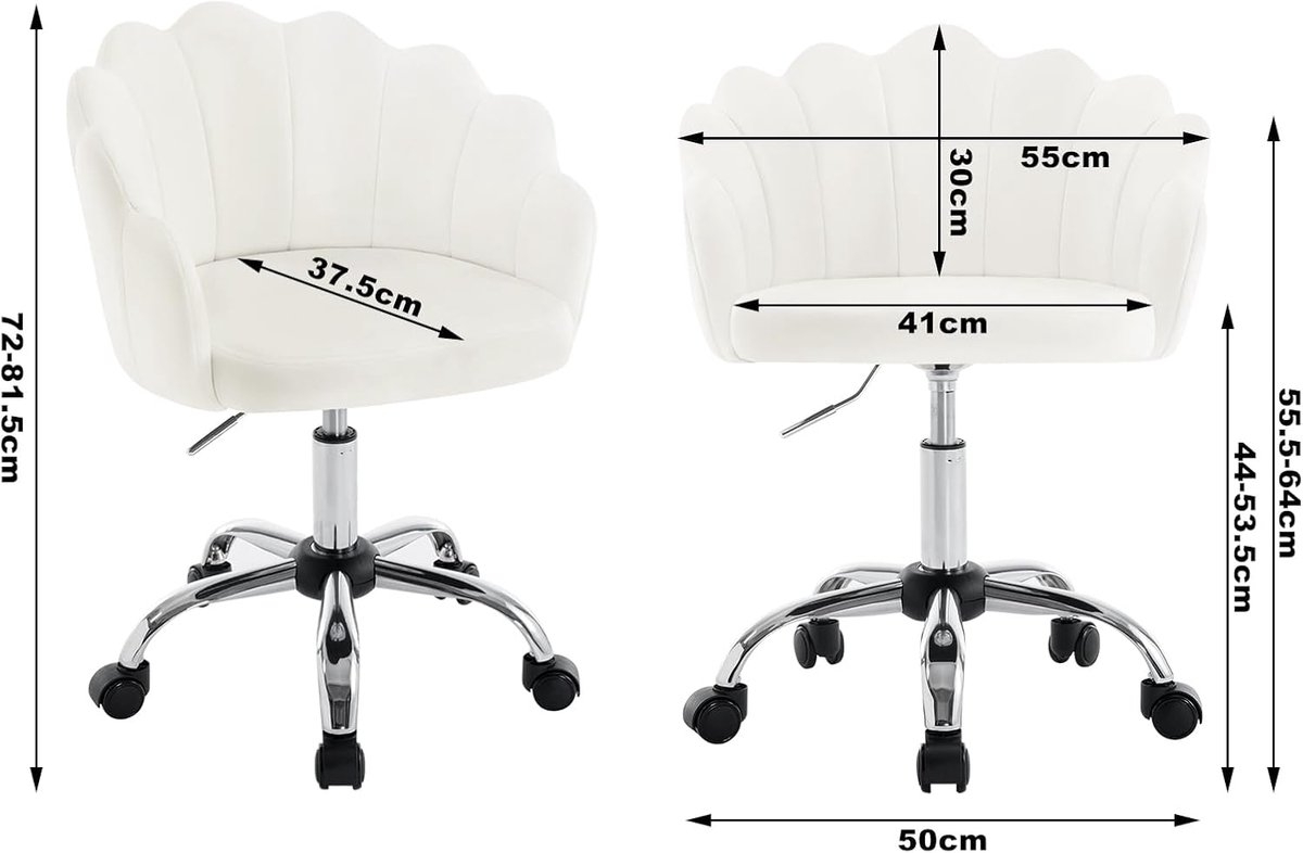 Woltu bureaustoel - make-up stoel - ergonomisch en in hoogte verstelbaar - fluwelen stoel met bloemblad-rugleuning - creme wit - Afbeelding 9