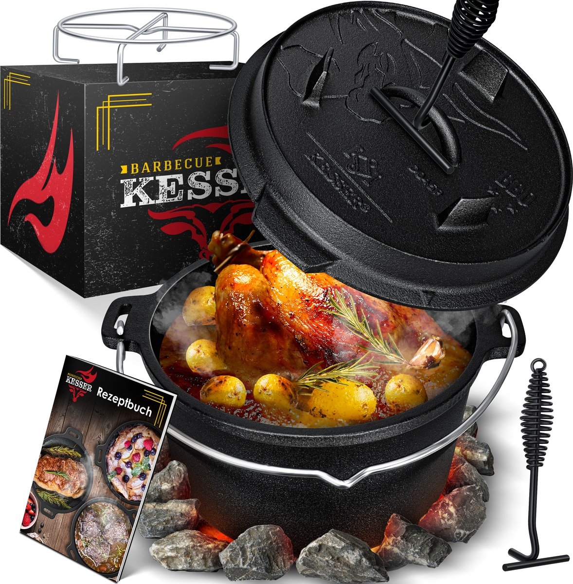 Dutch oven - gietijzeren pan met deksel - binnen en buiten - barbecuepan / braadpan - totaal 7.2 liter - zwart - Afbeelding 4