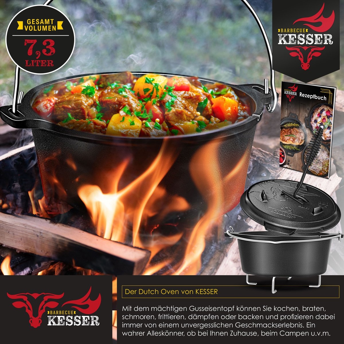 Dutch oven - gietijzeren pan met deksel - binnen en buiten - barbecuepan / braadpan - totaal 7.2 liter - zwart - Afbeelding 6