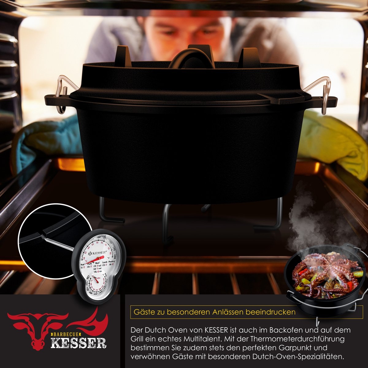 Dutch oven - gietijzeren pan met deksel - binnen en buiten - barbecuepan / braadpan - totaal 7.2 liter - zwart - Afbeelding 8