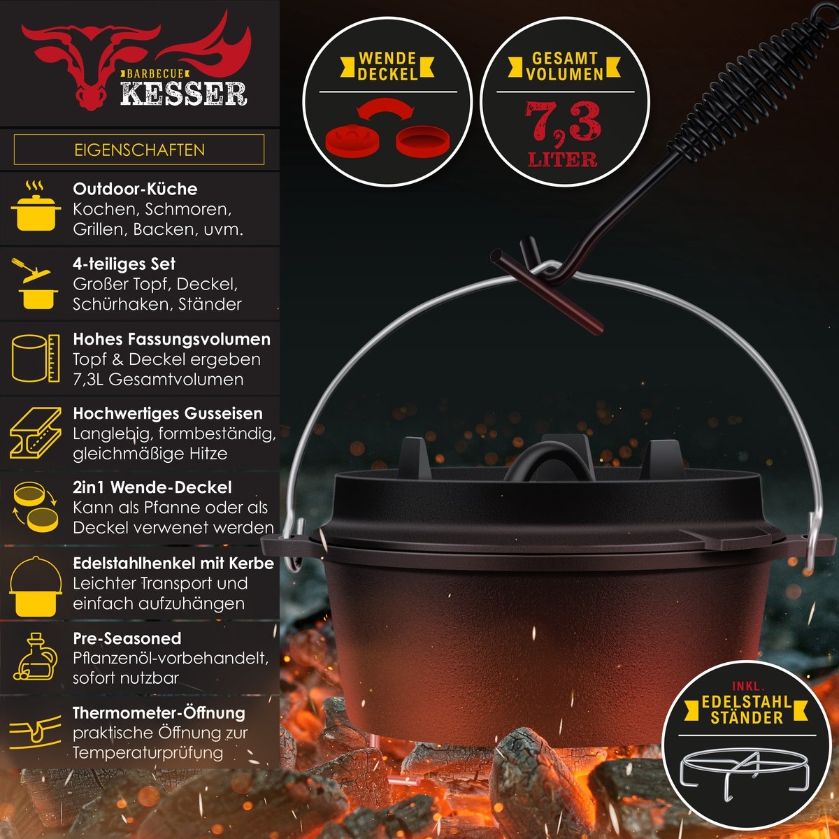 Dutch oven - gietijzeren pan met deksel - binnen en buiten - barbecuepan / braadpan - totaal 7.2 liter - zwart - Afbeelding 9