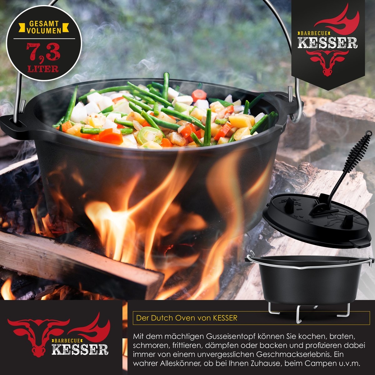 Dutch oven - gietijzeren pan met deksel - binnen en buiten - barbecuepan / braadpan - totaal 7.2 liter - zwart - Afbeelding 14