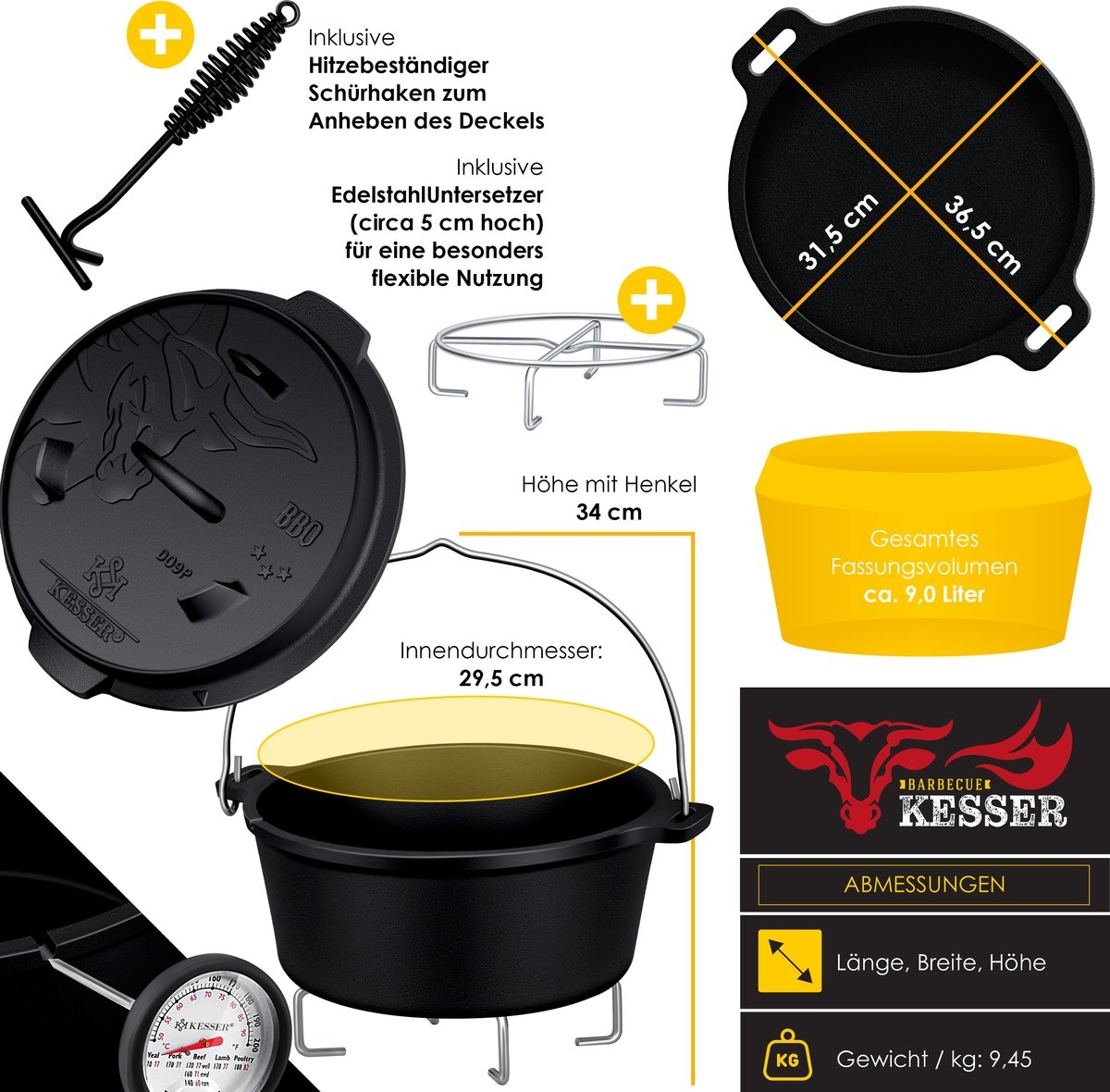 Dutch oven - gietijzeren pan met deksel - binnen en buiten - barbecuepan / braadpan - totaal 9 liter - zwart - Afbeelding 3