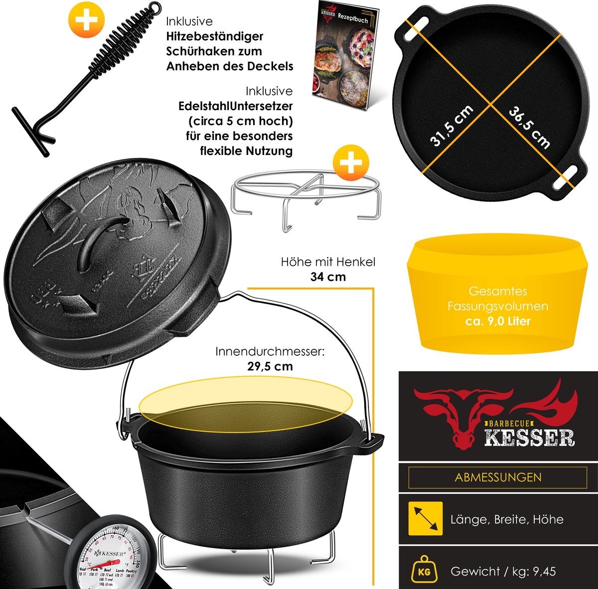 Dutch oven - gietijzeren pan met deksel - binnen en buiten - barbecuepan / braadpan - totaal 9 liter - zwart - Afbeelding 13