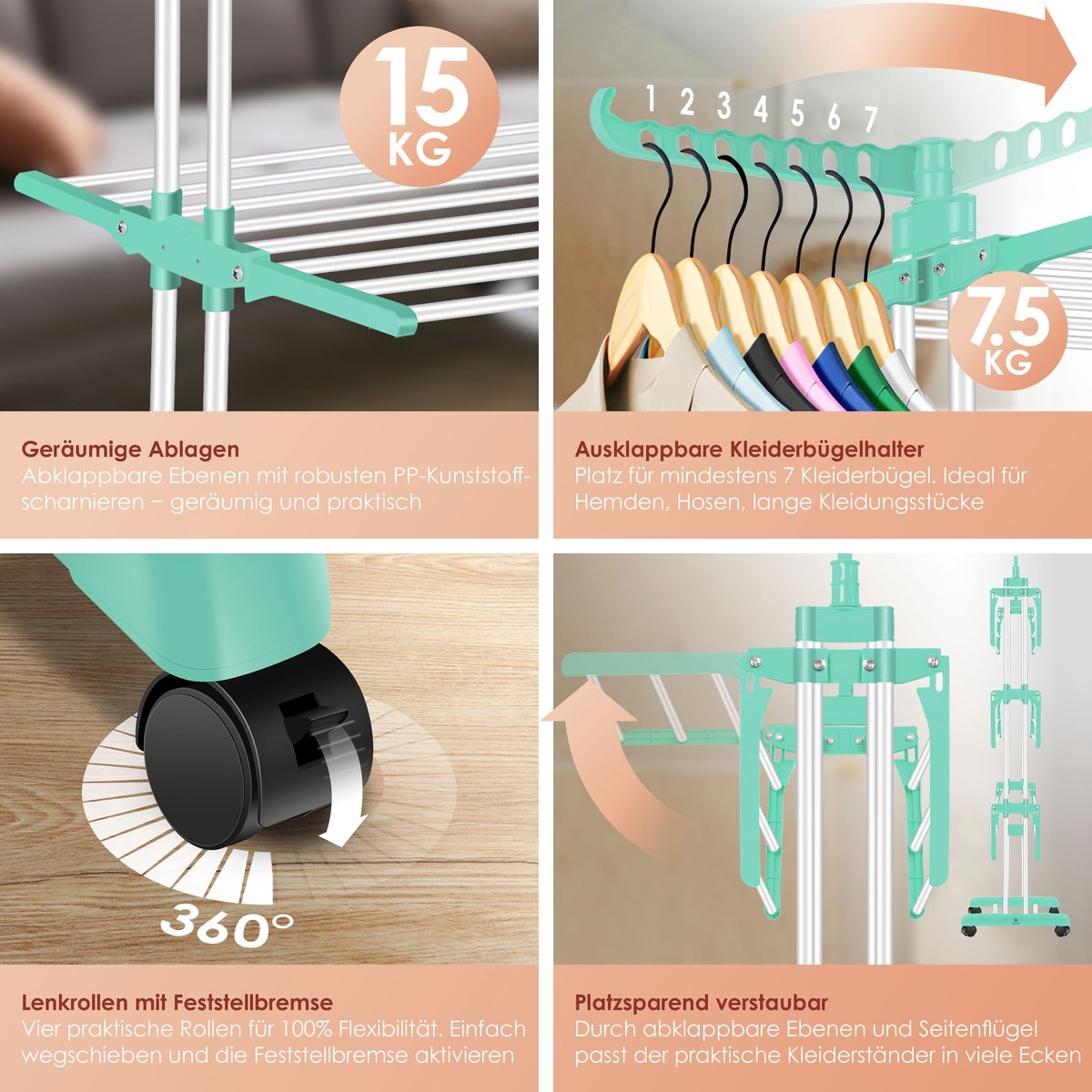 Droogrek inklapbaar - droogtoren met wielen - staand wasrek - 4 niveaus - 6 zones - wit / groen - Afbeelding 3