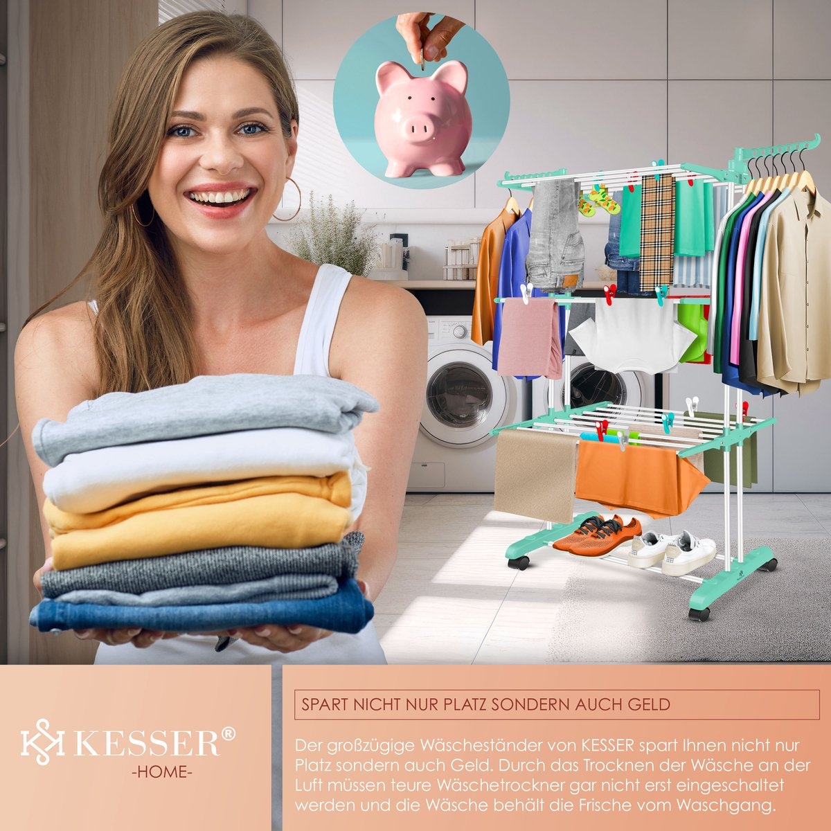 Droogrek inklapbaar - droogtoren met wielen - staand wasrek - 4 niveaus - 6 zones - wit / groen - Afbeelding 4