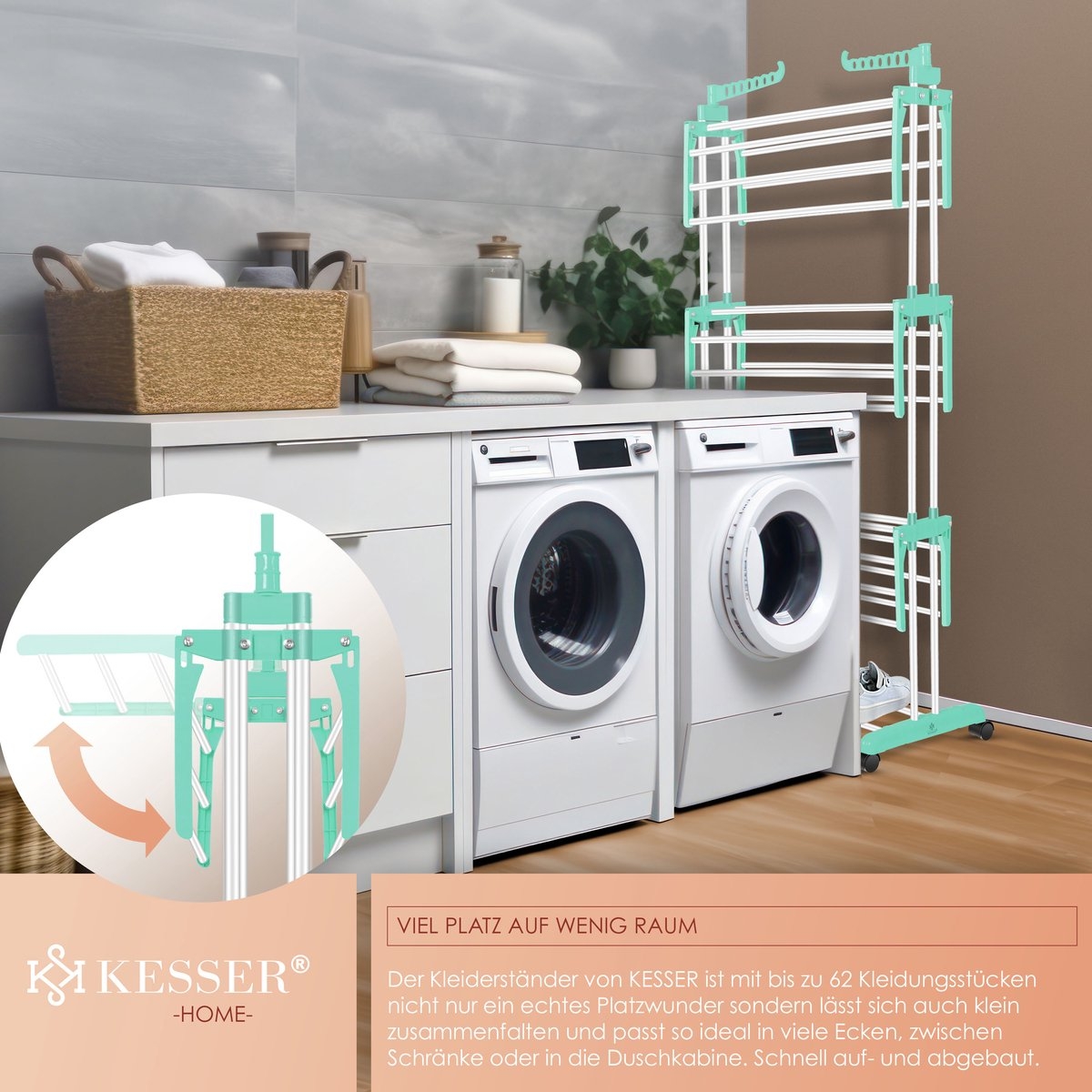 Droogrek inklapbaar - droogtoren met wielen - staand wasrek - 4 niveaus - 6 zones - wit / groen - Afbeelding 5