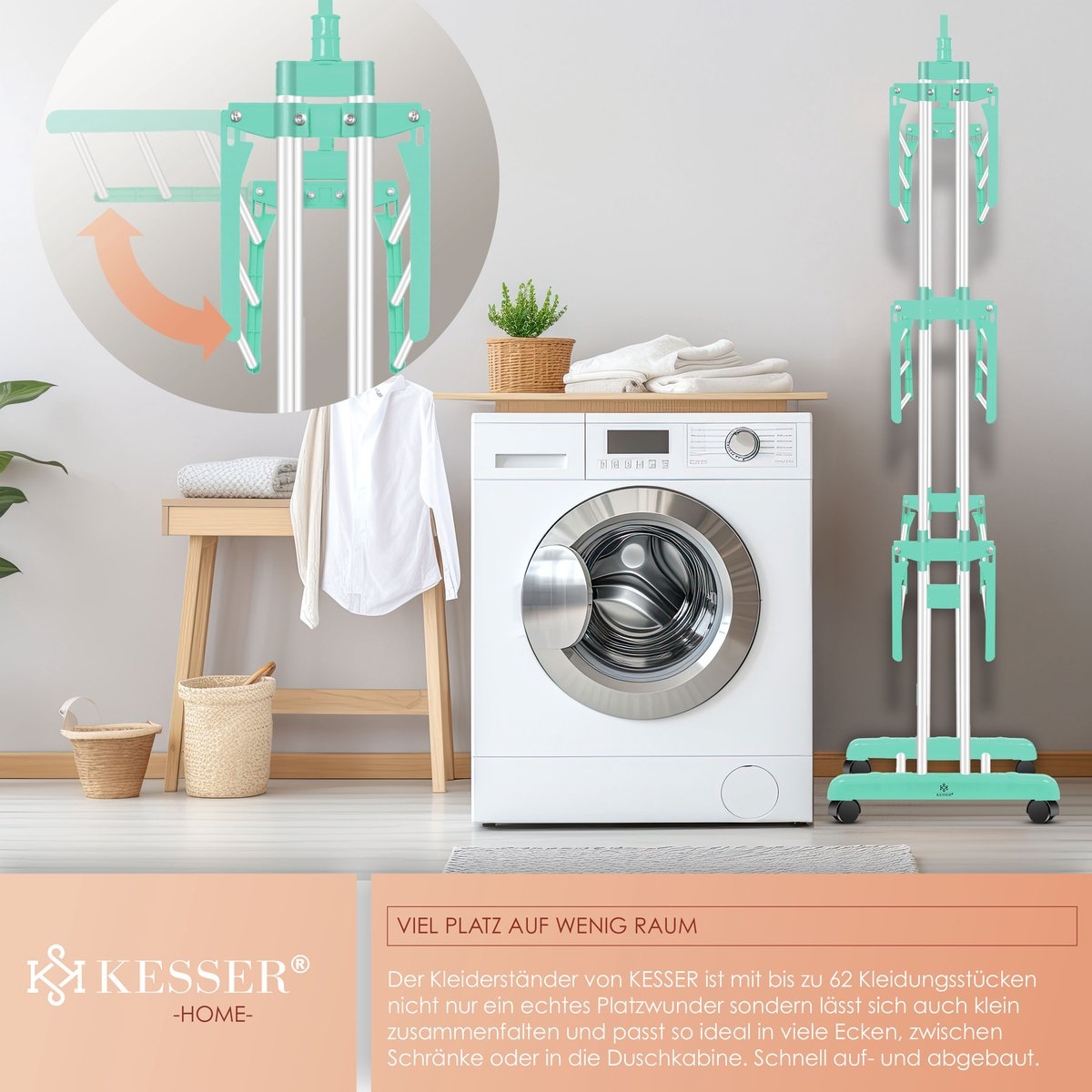 Droogrek inklapbaar - droogtoren met wielen - staand wasrek - 4 niveaus - 6 zones - wit / groen - Afbeelding 7