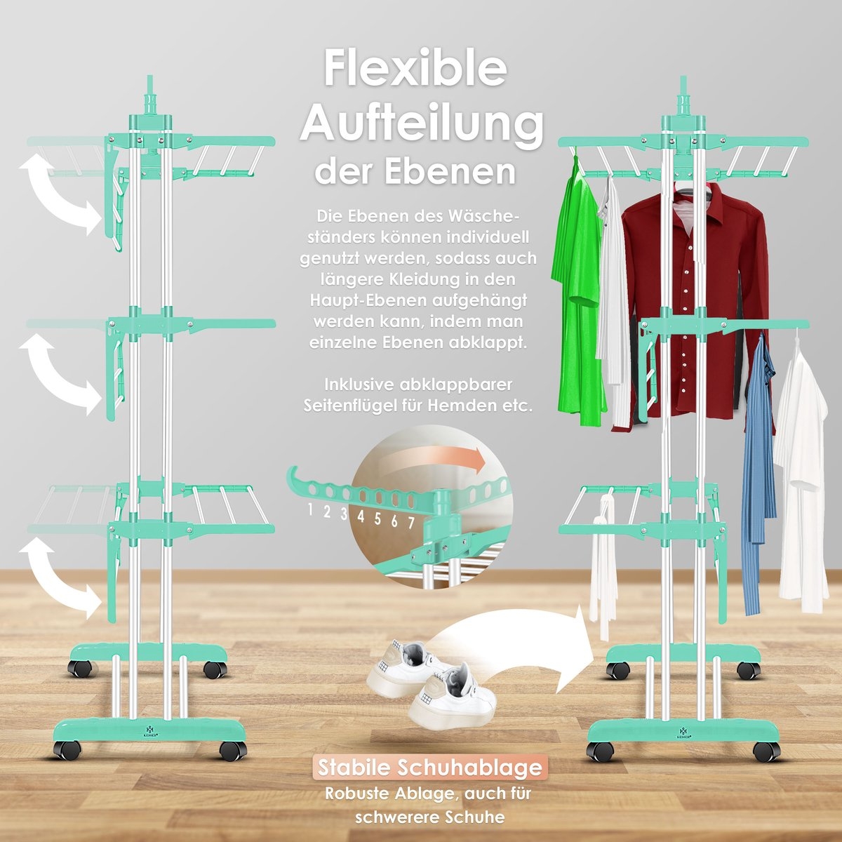 Droogrek inklapbaar - droogtoren met wielen - staand wasrek - 4 niveaus - 6 zones - wit / groen - Afbeelding 8