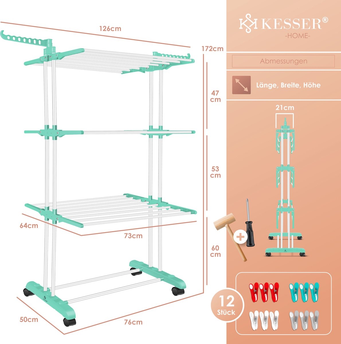 Droogrek inklapbaar - droogtoren met wielen - staand wasrek - 4 niveaus - 6 zones - wit / groen - Afbeelding 9