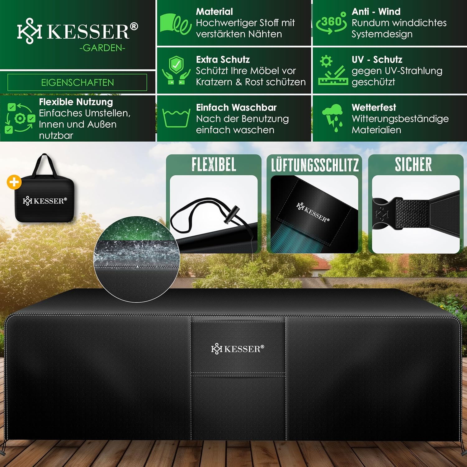 Tuinsethoes - beschermhoes - 170x94x71 cm - winddicht winterbestendig, waterdicht - rechthoekig - zwart - Afbeelding 3