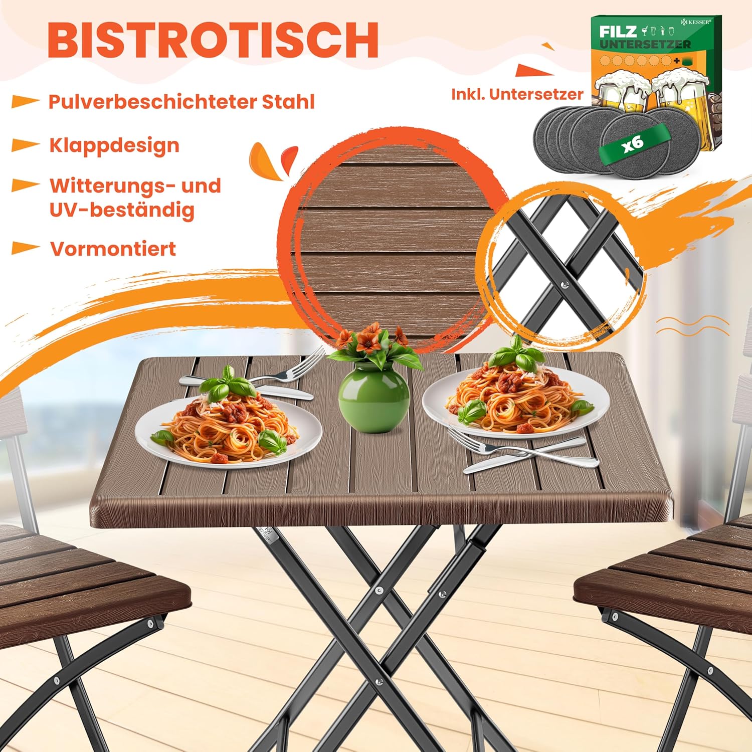 Balkontafel - bistrotafel - terrastafel - bruin - houtlook - 61x61 cm blad - metalen frame - Afbeelding 2