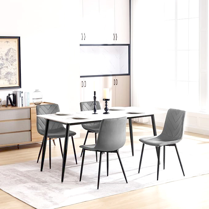 4x eetkamerstoelen - grijs - Set van 4 - stof met metaal - met driehoek motief - Afbeelding 2