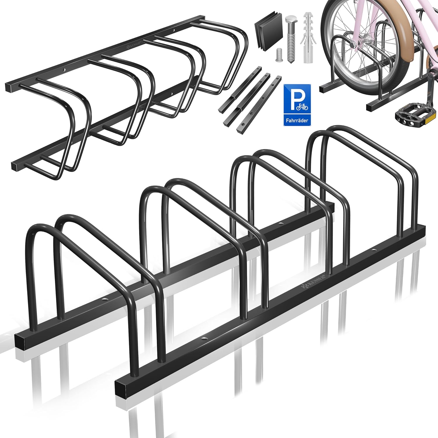 Fietsrek / fietstandaard voor 4 fietsen - 37 cm wielafstand voor bandbreedtes van 30-65 mm -zwart