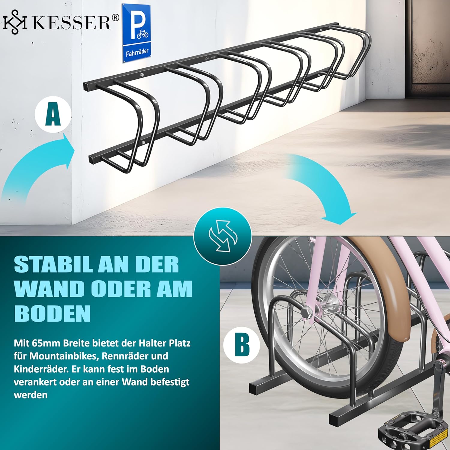 Fietsrek / fietstandaard voor 4 fietsen - 37 cm wielafstand voor bandbreedtes van 30-65 mm -zwart - Afbeelding 4