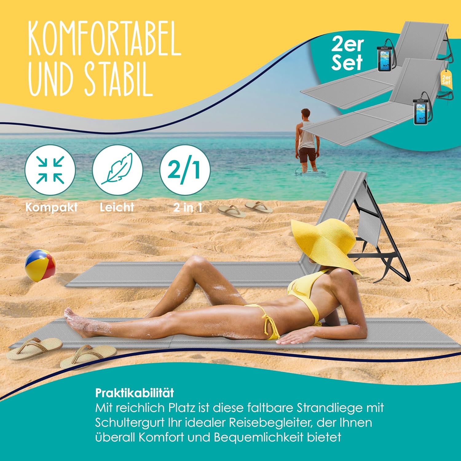 Set van 2 opvouwbare strandmatten / opvouwbare reisligstoel - verstelbare rugleuning - draagriem, met tas - - Afbeelding 3