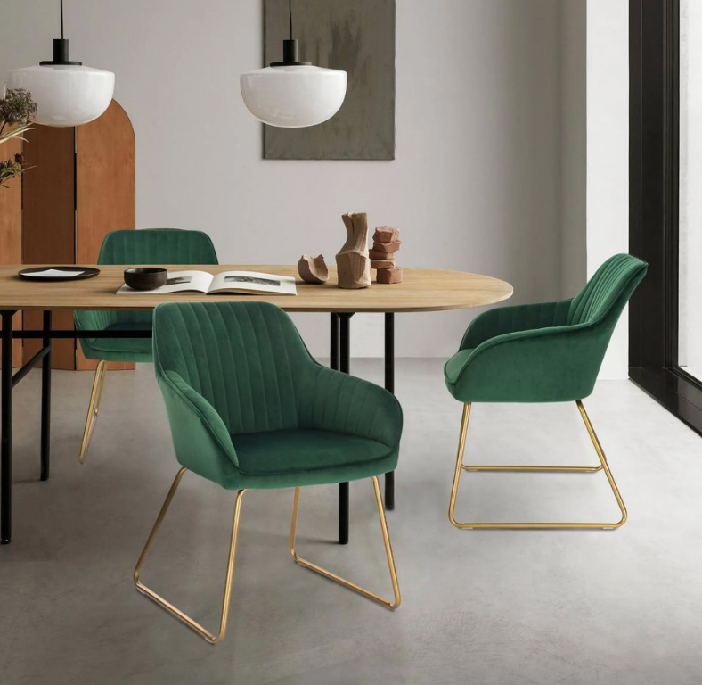 2x eetkamerstoel / kuipstoel - groen met goud - metaal met velvet stof - met armleuning - set van 2 stuks - Afbeelding 2