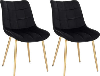 2x eetkamerstoelen - zwart met goud - fluweel metaal - set van 2 stuks
