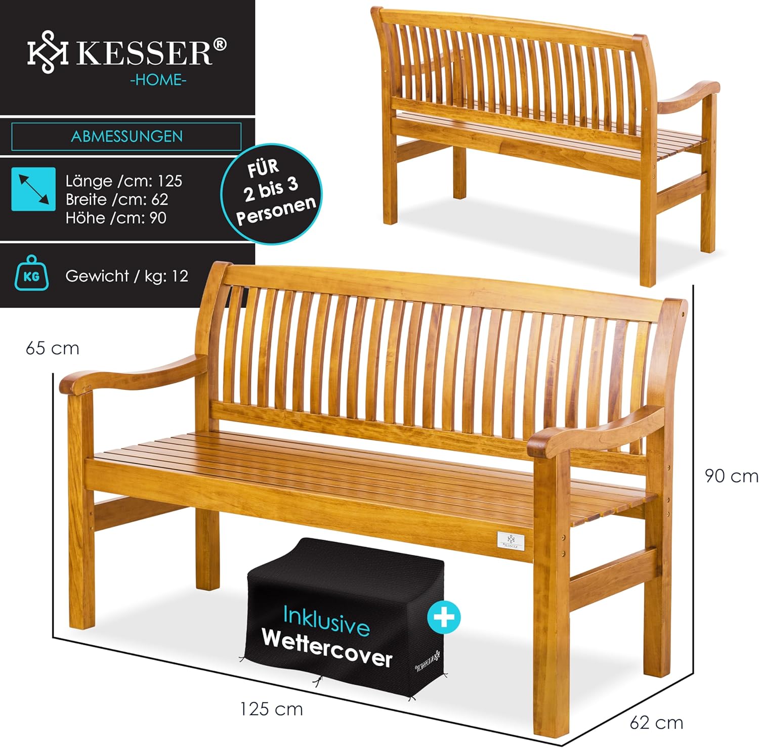 Tuinbank van hout weerbestendig - parkbank 125 cm - met regenhoes - 320 kg belastbaar - bruin - Afbeelding 2