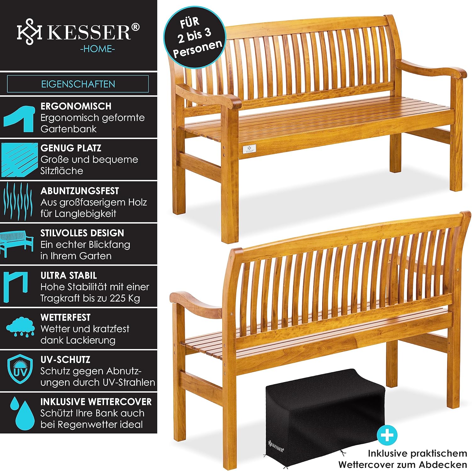 Tuinbank van hout weerbestendig - parkbank 125 cm - met regenhoes - 320 kg belastbaar - bruin - Afbeelding 3