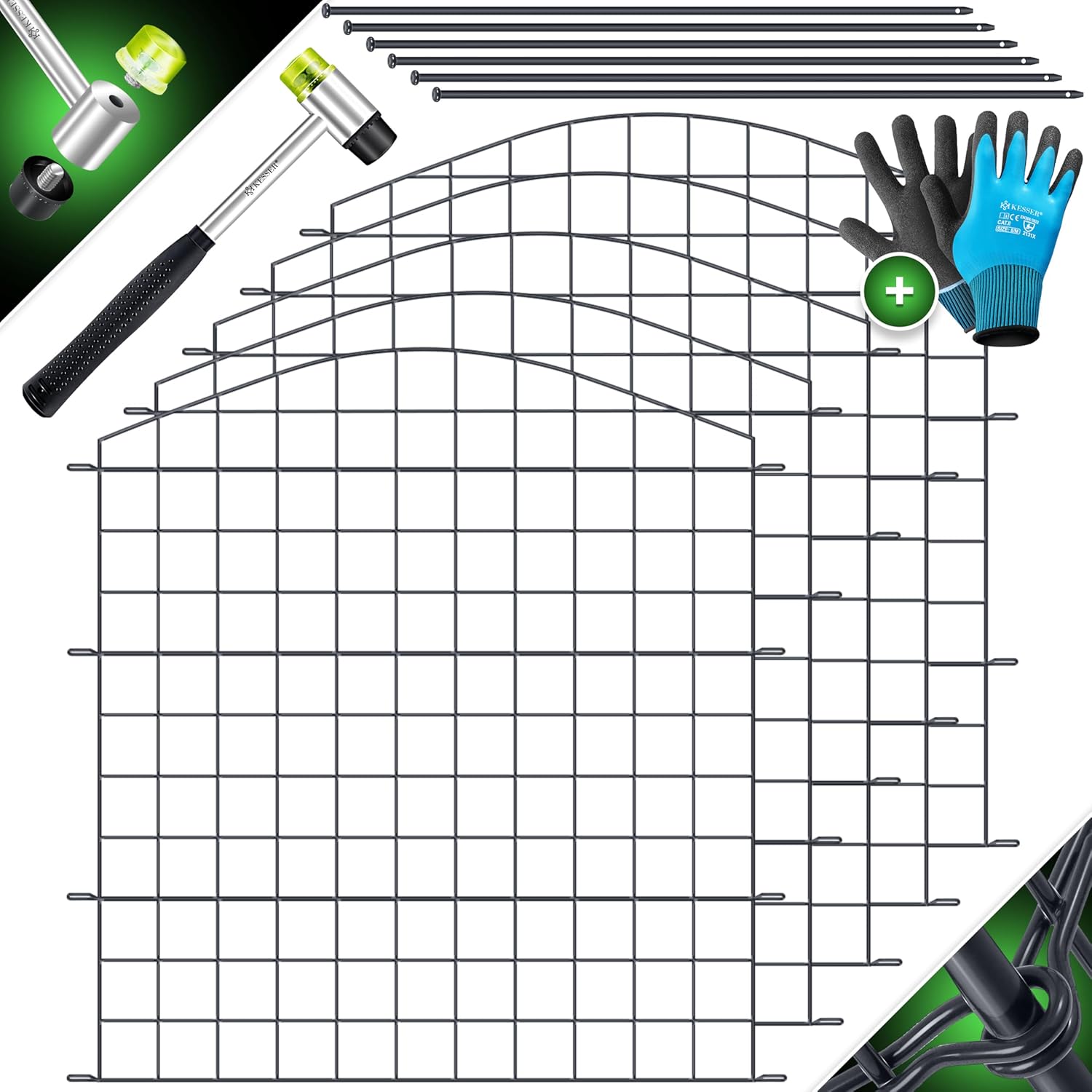 Vijverhek tuinhek steekhek - 5x hek met 1x hamer 6 bevestigingsstaven - metaal