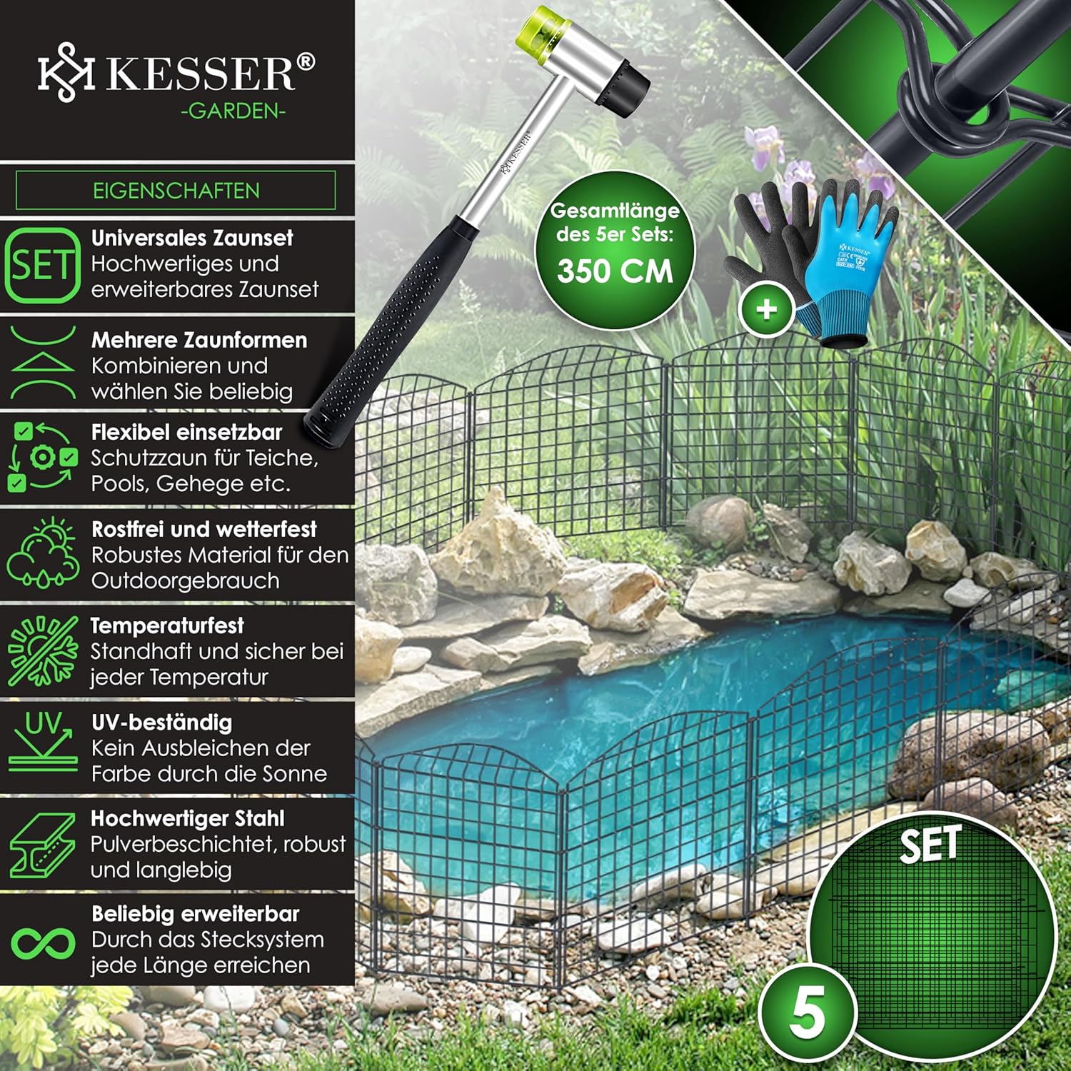 Vijverhek tuinhek steekhek - 5x hek met 1x hamer 6 bevestigingsstaven - metaal - Afbeelding 2