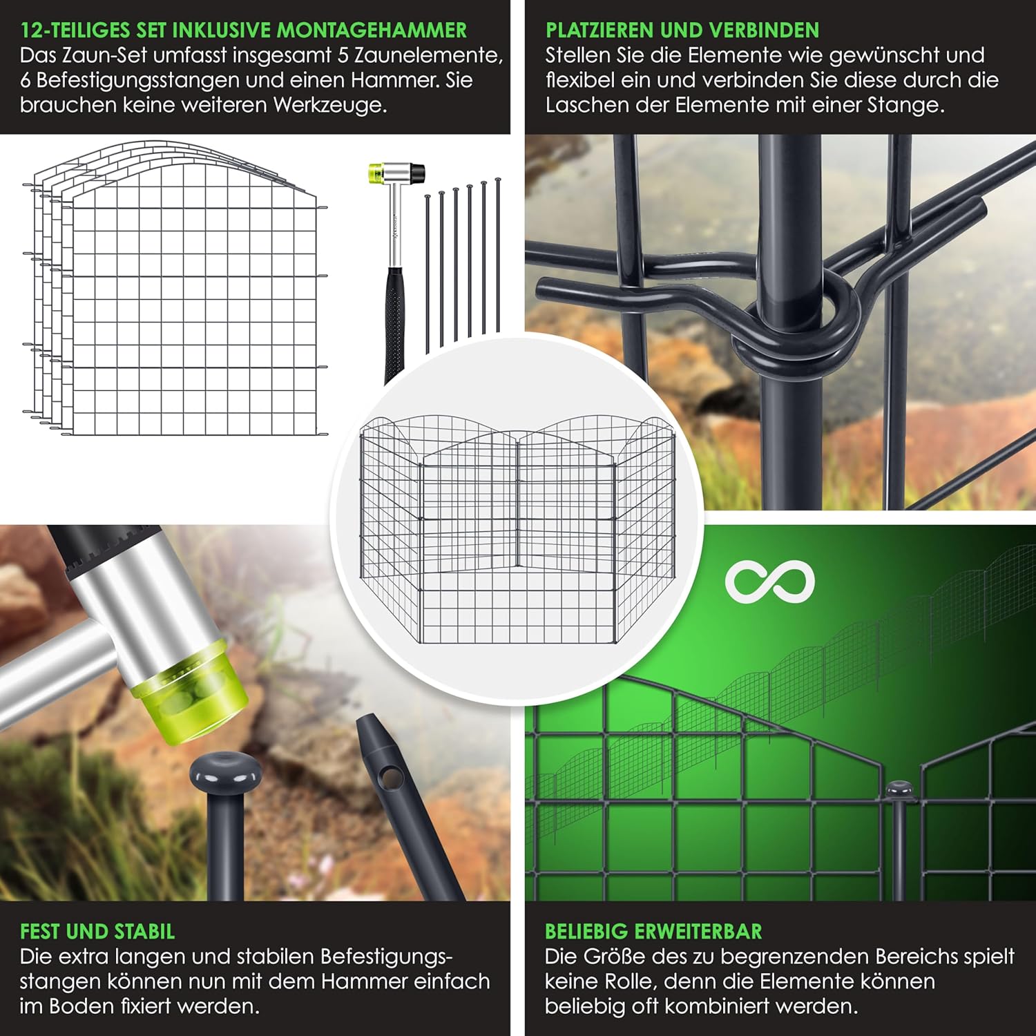 Vijverhek tuinhek steekhek - 5x hek met 1x hamer 6 bevestigingsstaven - metaal - Afbeelding 3