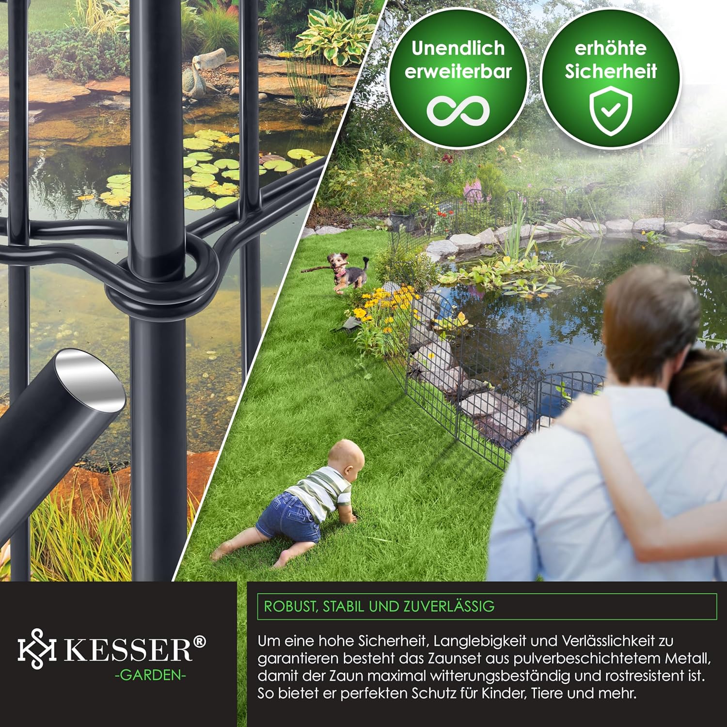 Vijverhek tuinhek steekhek - 5x hek met 1x hamer 6 bevestigingsstaven - metaal - Afbeelding 6