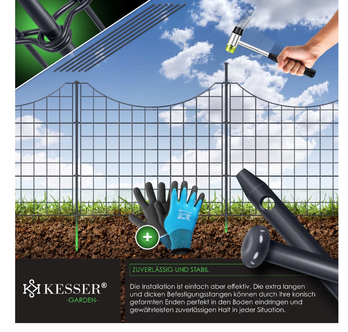 Vijverhek tuinhek steekhek - 5x hek met 1x hamer 6 bevestigingsstaven - metaal - boog